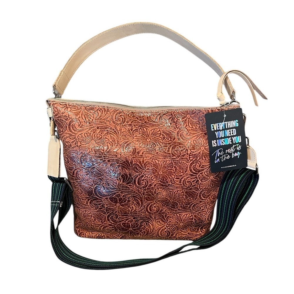 Consuela Brown Tooled Leather Sally Hobo Crossbody with leather & woven straps - Picture 3 of 14